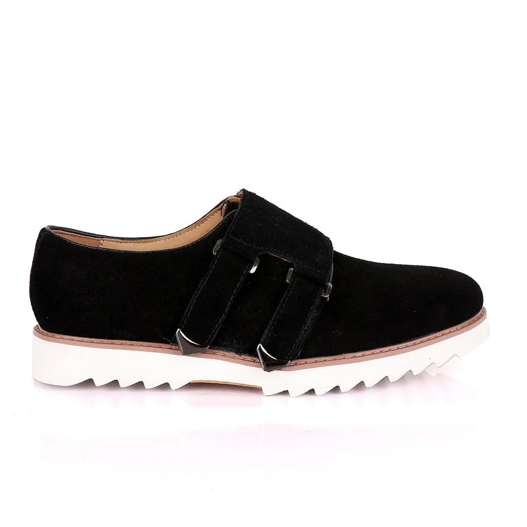 Salvatore Ferragamo Men's Black Suede Shoes with Double Buckle