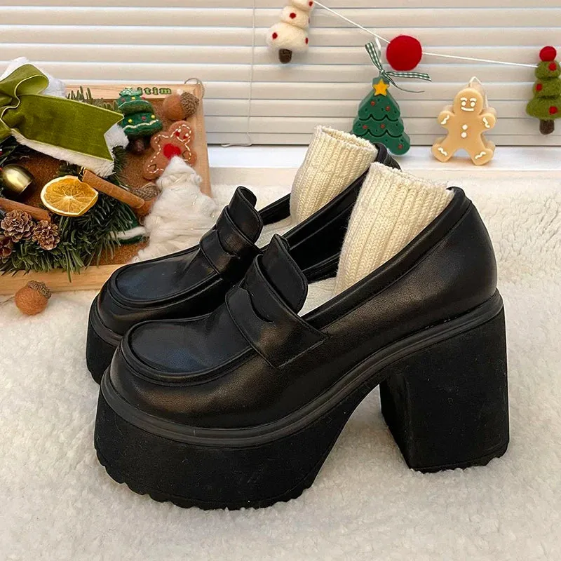 Super High Heels Loafers Women 2024 Spring Patent Leather Chunky Platform Pumps Woman Slip On Black Jk Uniform Shoes Mary Janes