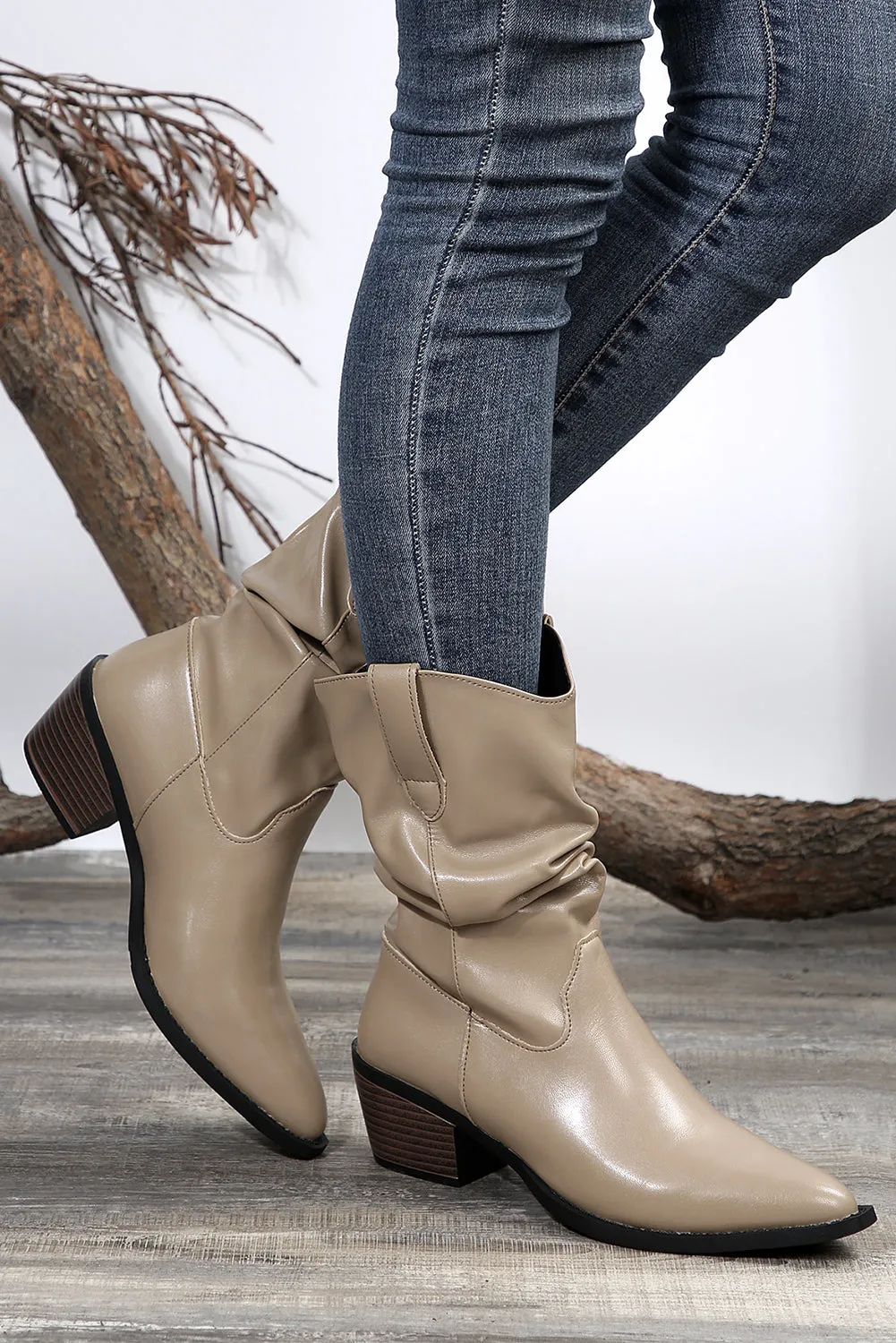 Tan Block Heel Scrunch Faux Leather Pointed Toe Boots