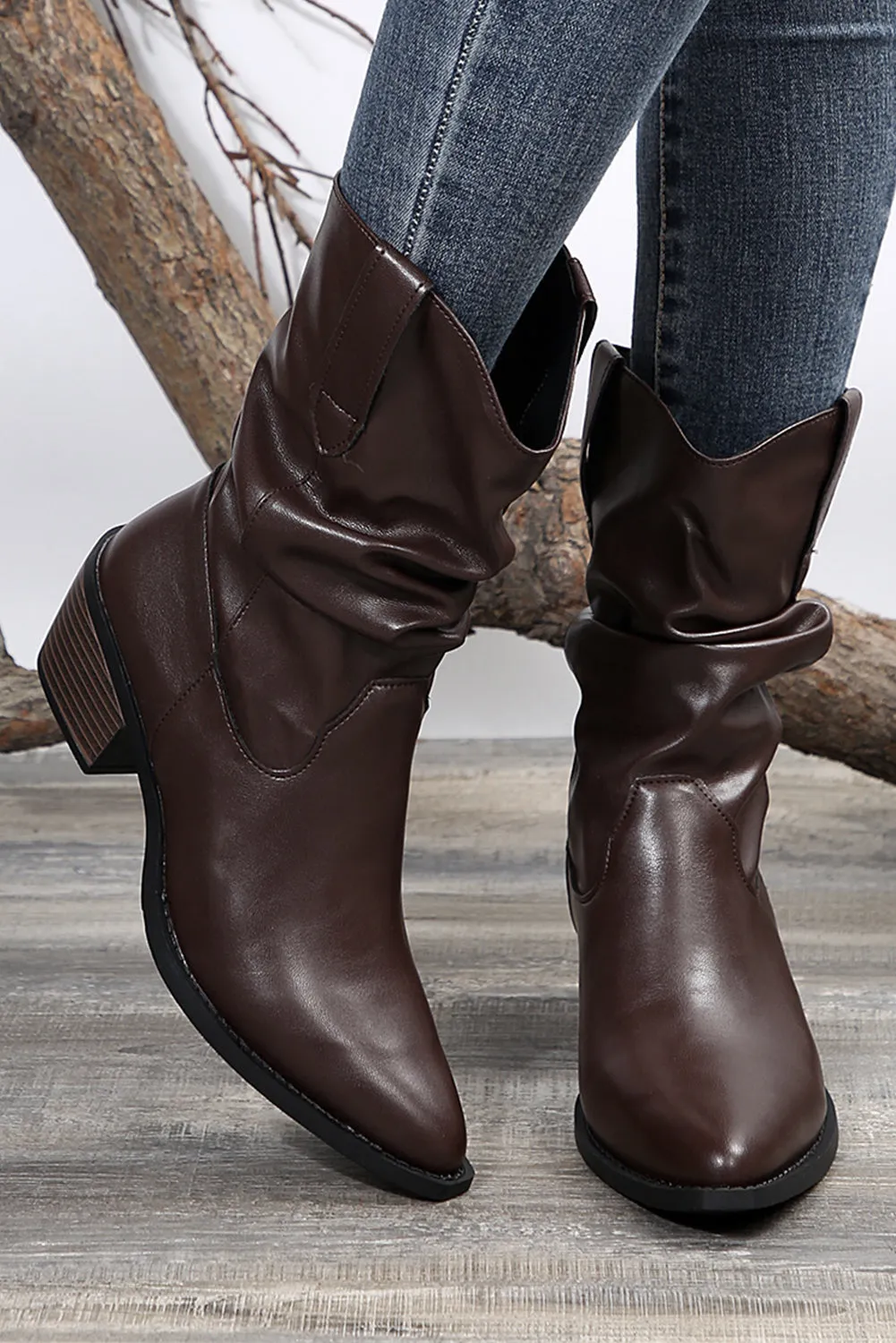 Tan Block Heel Scrunch Faux Leather Pointed Toe Boots