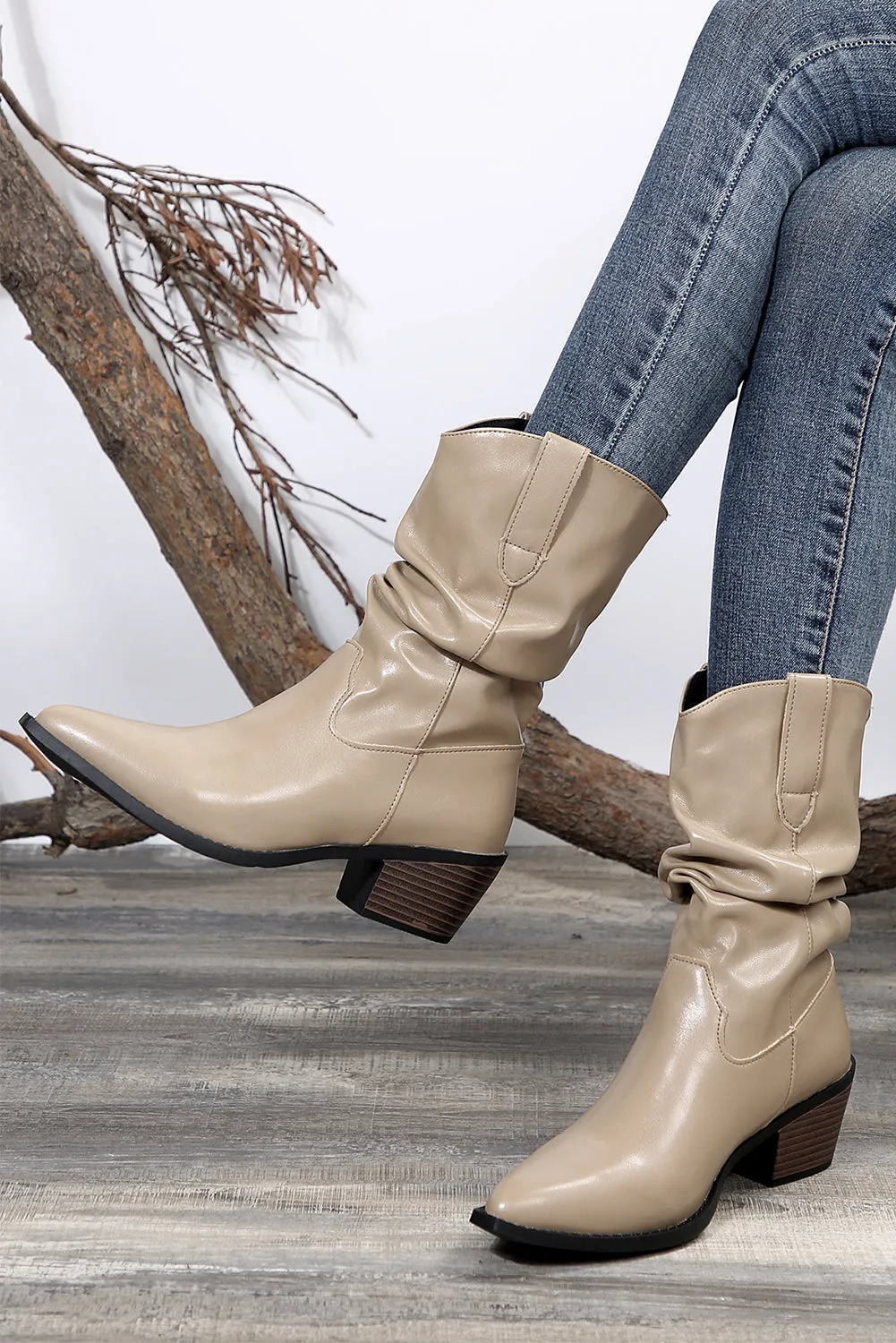 Tan Block Heel Scrunch Faux Leather Pointed Toe Boots