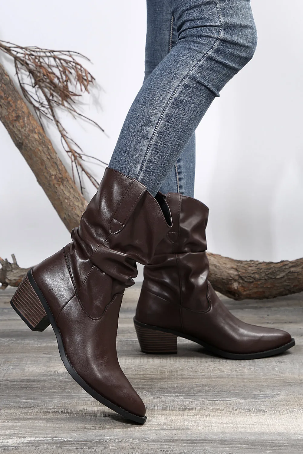 Tan Block Heel Scrunch Faux Leather Pointed Toe Boots