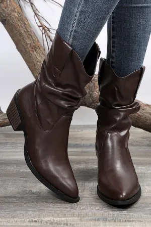 Tan Block Heel Scrunch Faux Leather Pointed Toe Boots