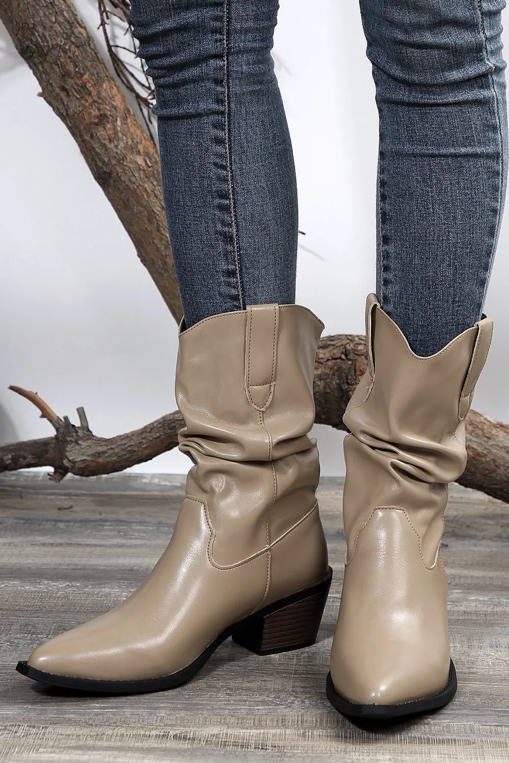 Tan Block Heel Scrunch Faux Leather Pointed Toe Boots