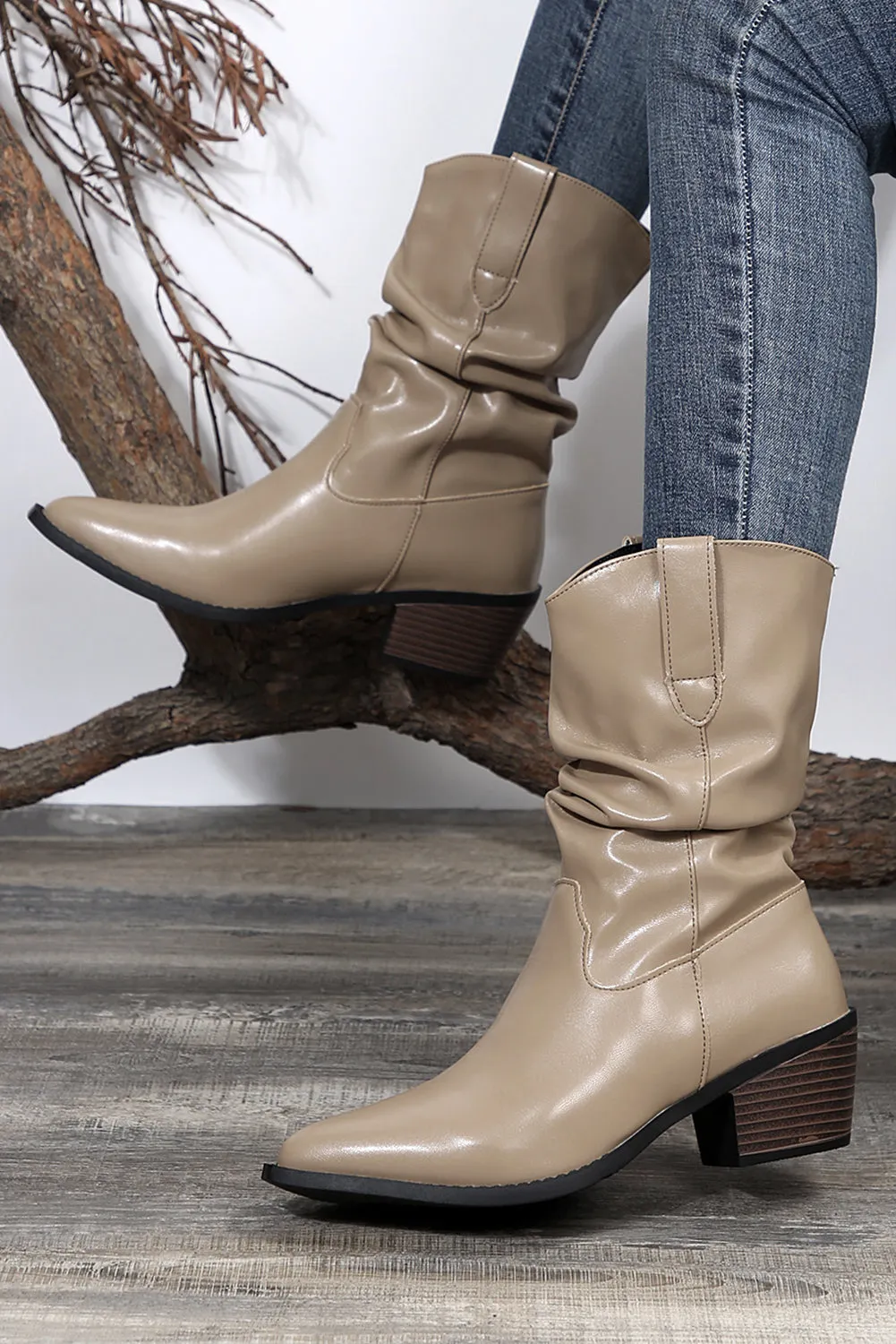 Tan Block Heel Scrunch Faux Leather Pointed Toe Boots