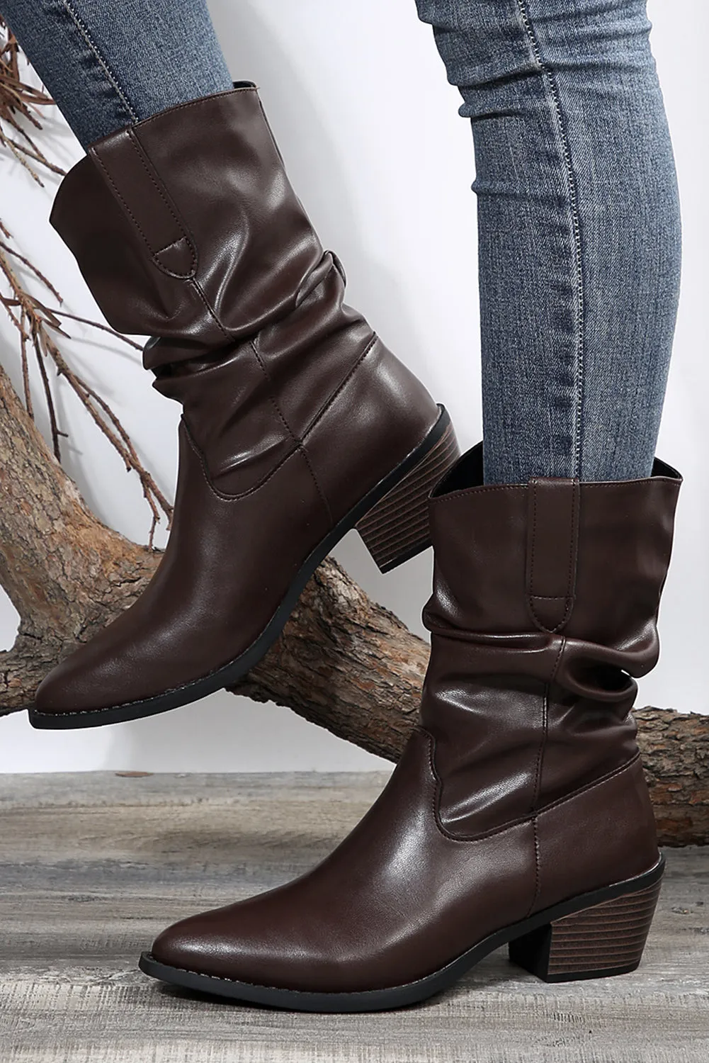 Tan Block Heel Scrunch Faux Leather Pointed Toe Boots