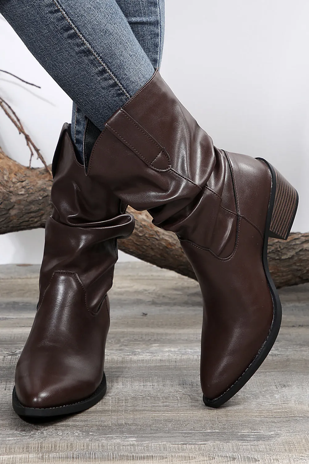 Tan Block Heel Scrunch Faux Leather Pointed Toe Boots