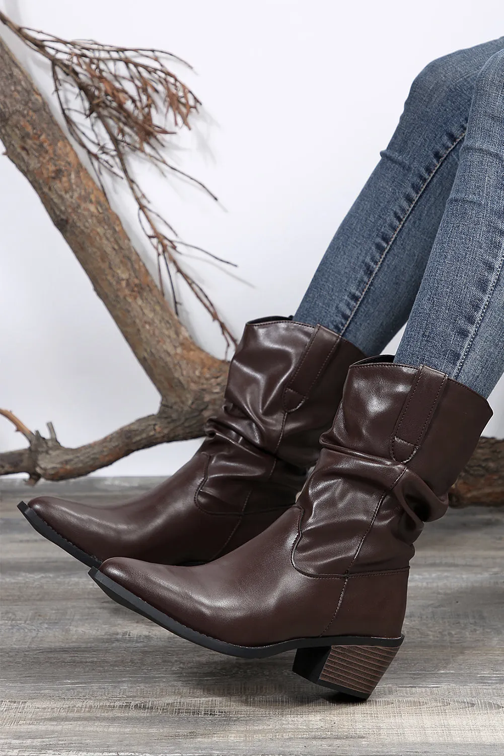 Tan Block Heel Scrunch Faux Leather Pointed Toe Boots