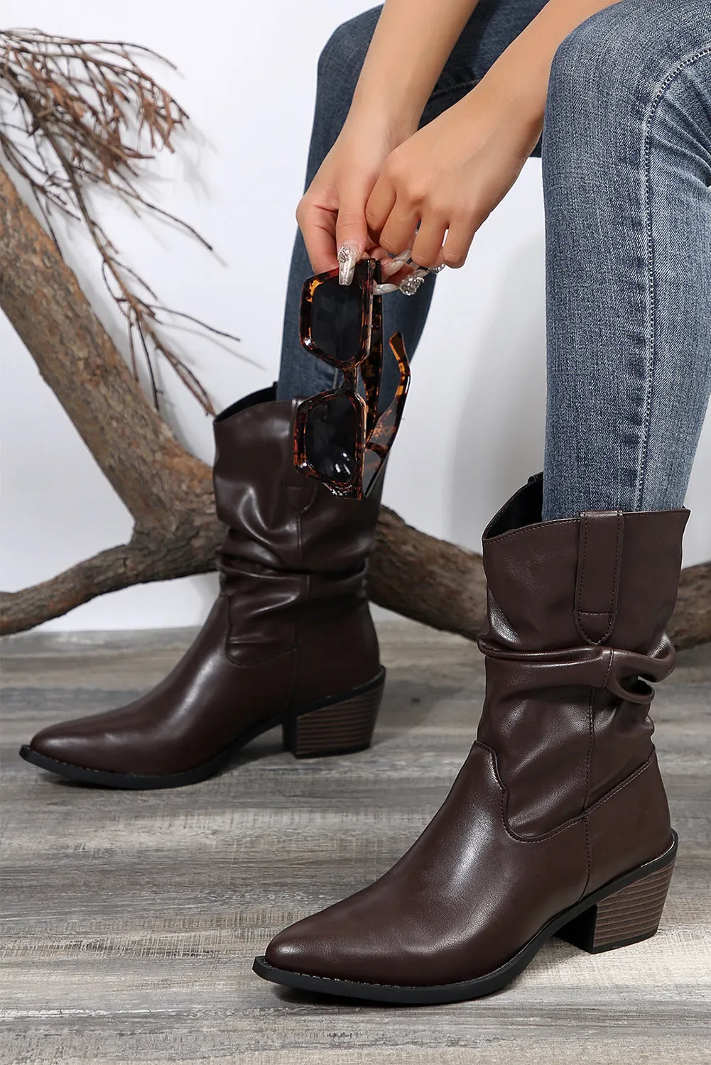 Tan Block Heel Scrunch Faux Leather Pointed Toe Boots