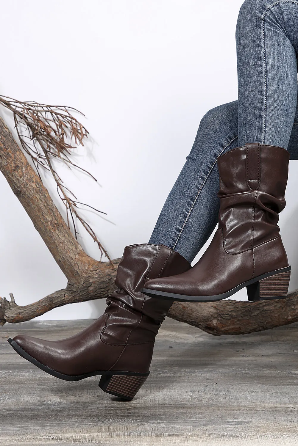 Tan Block Heel Scrunch Faux Leather Pointed Toe Boots