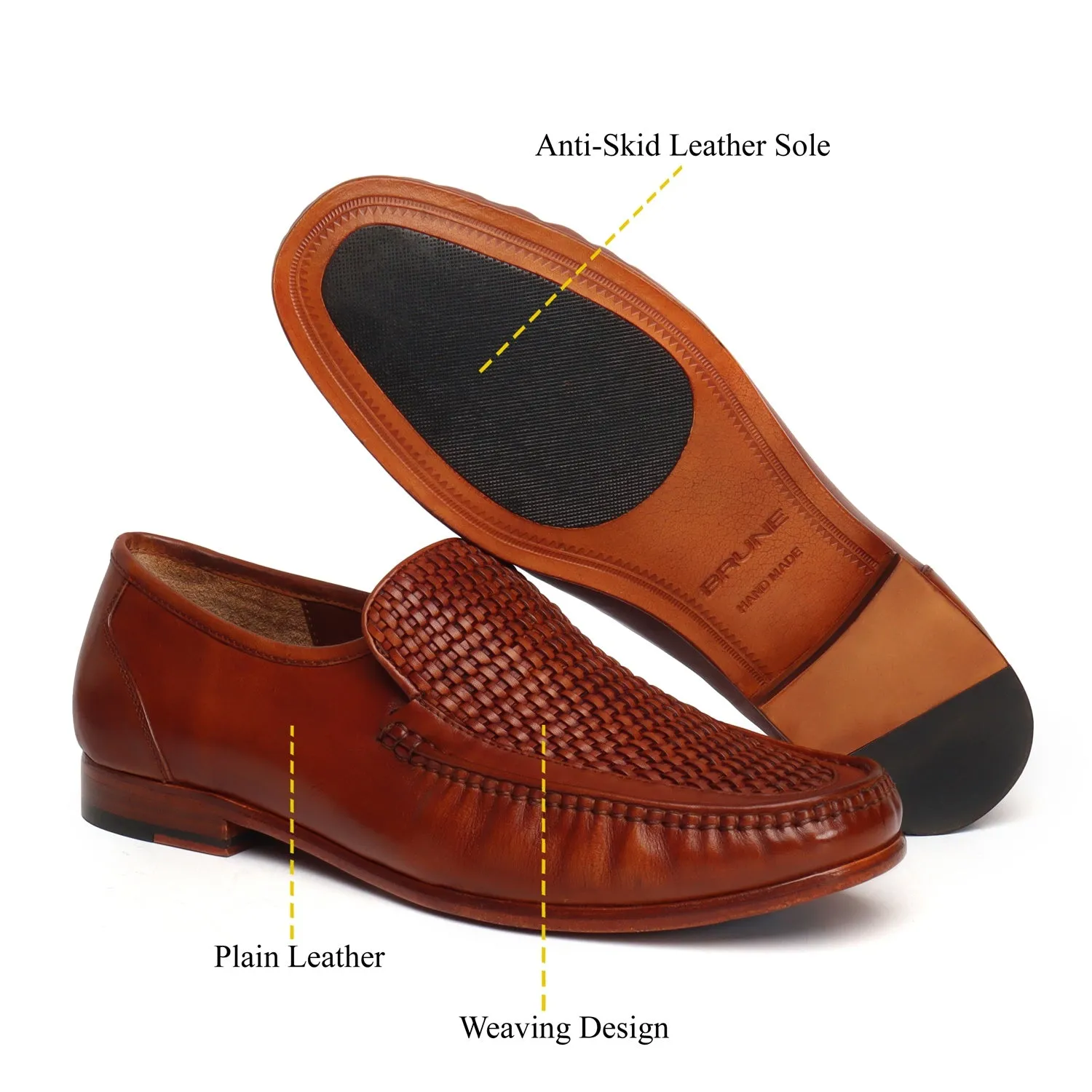 Tan Weaved Vamp Leather Loafers