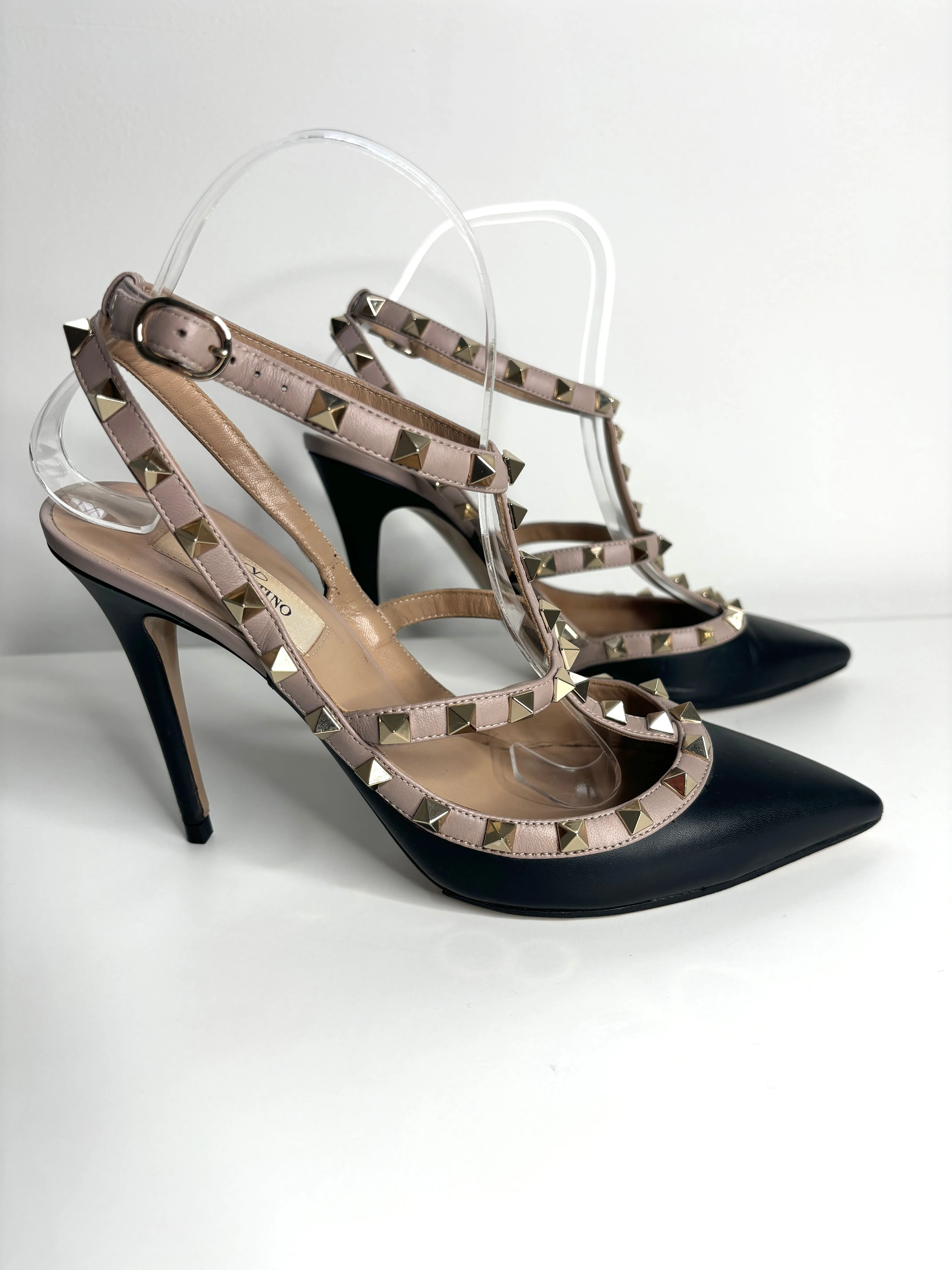 Valentino Garavani Rockstud 100 Black Leather Slingback Heels 40 UK7