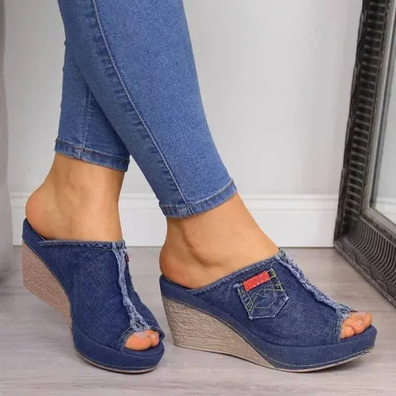 Women Shoes Cowboy Slippers Fashion Retro Wedge Platform Beach Shoes Female Peep High Heels
