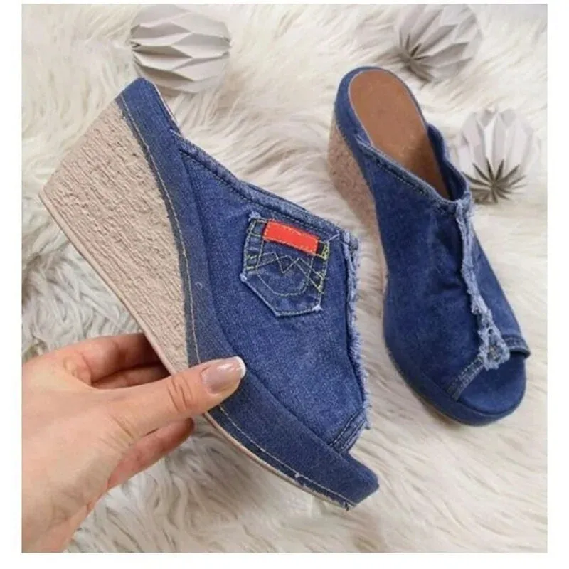 Women Shoes Cowboy Slippers Fashion Retro Wedge Platform Beach Shoes Female Peep High Heels