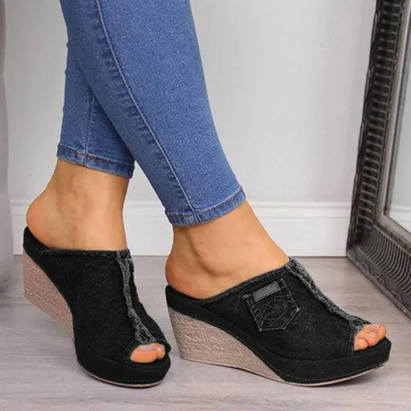 Women Shoes Cowboy Slippers Fashion Retro Wedge Platform Beach Shoes Female Peep High Heels