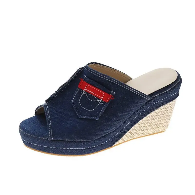 Women Shoes Cowboy Slippers Fashion Retro Wedge Platform Beach Shoes Female Peep High Heels