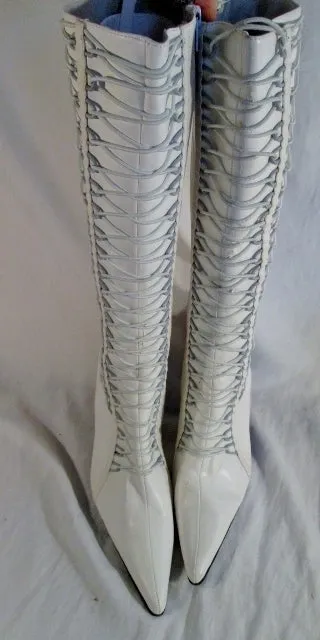 Womens GO MAX GENTLE Vegan High Heel Boots FETISH WHITE 10 Steampunk Strappy