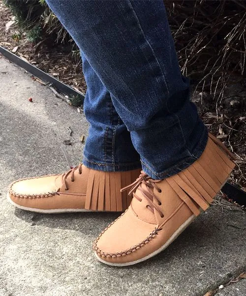 Women's Moose Hide Leather Fringed Moccasin Boots for Earthing