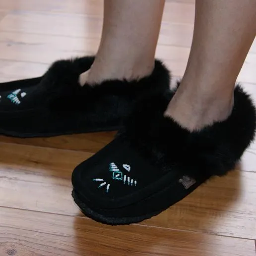 Women's Rabbit Fur Thunderbird Beaded Crepe Sole Moccasins