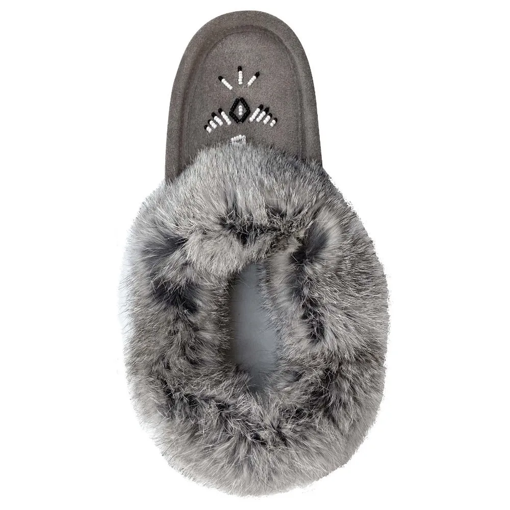 Women's Rabbit Fur Thunderbird Beaded Crepe Sole Moccasins