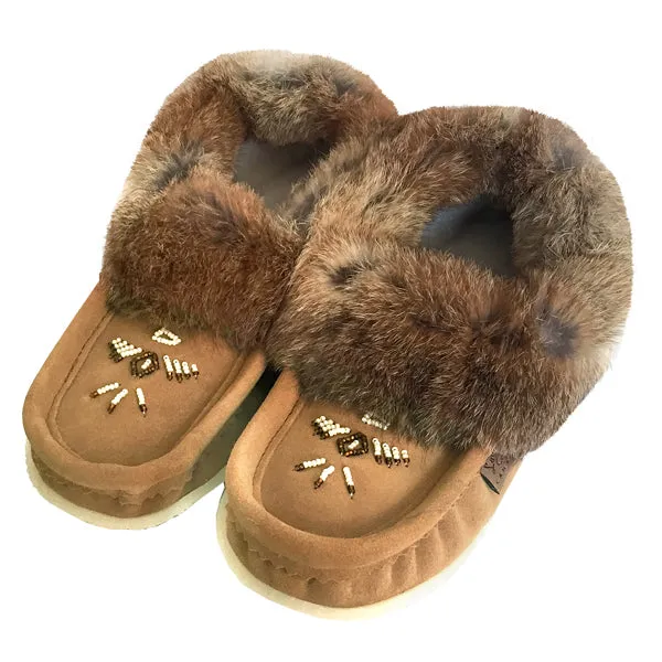Women's Rabbit Fur Thunderbird Beaded Crepe Sole Moccasins