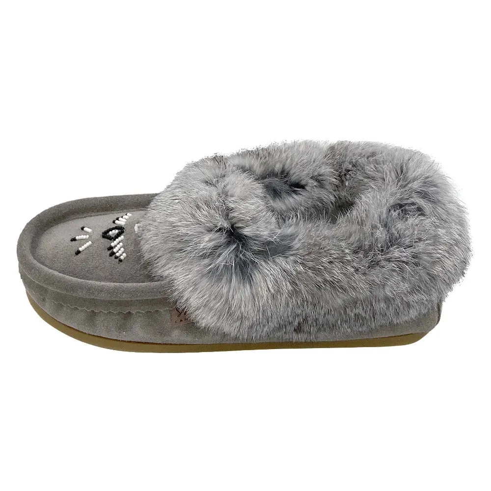 Women's Rabbit Fur Thunderbird Beaded Crepe Sole Moccasins