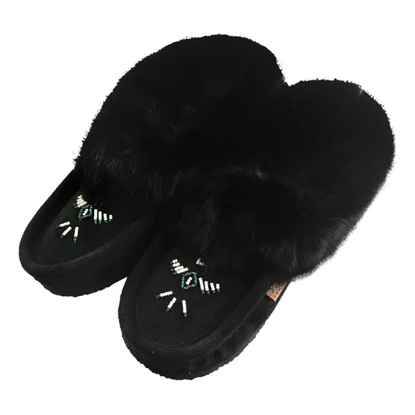 Women's Rabbit Fur Thunderbird Beaded Crepe Sole Moccasins