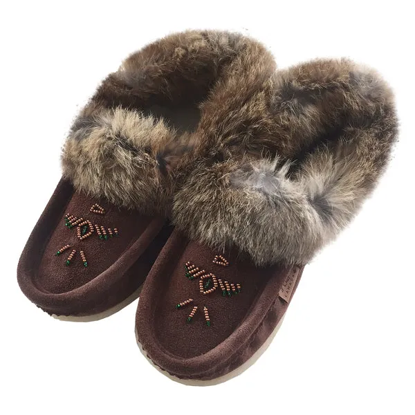 Women's Rabbit Fur Thunderbird Beaded Crepe Sole Moccasins