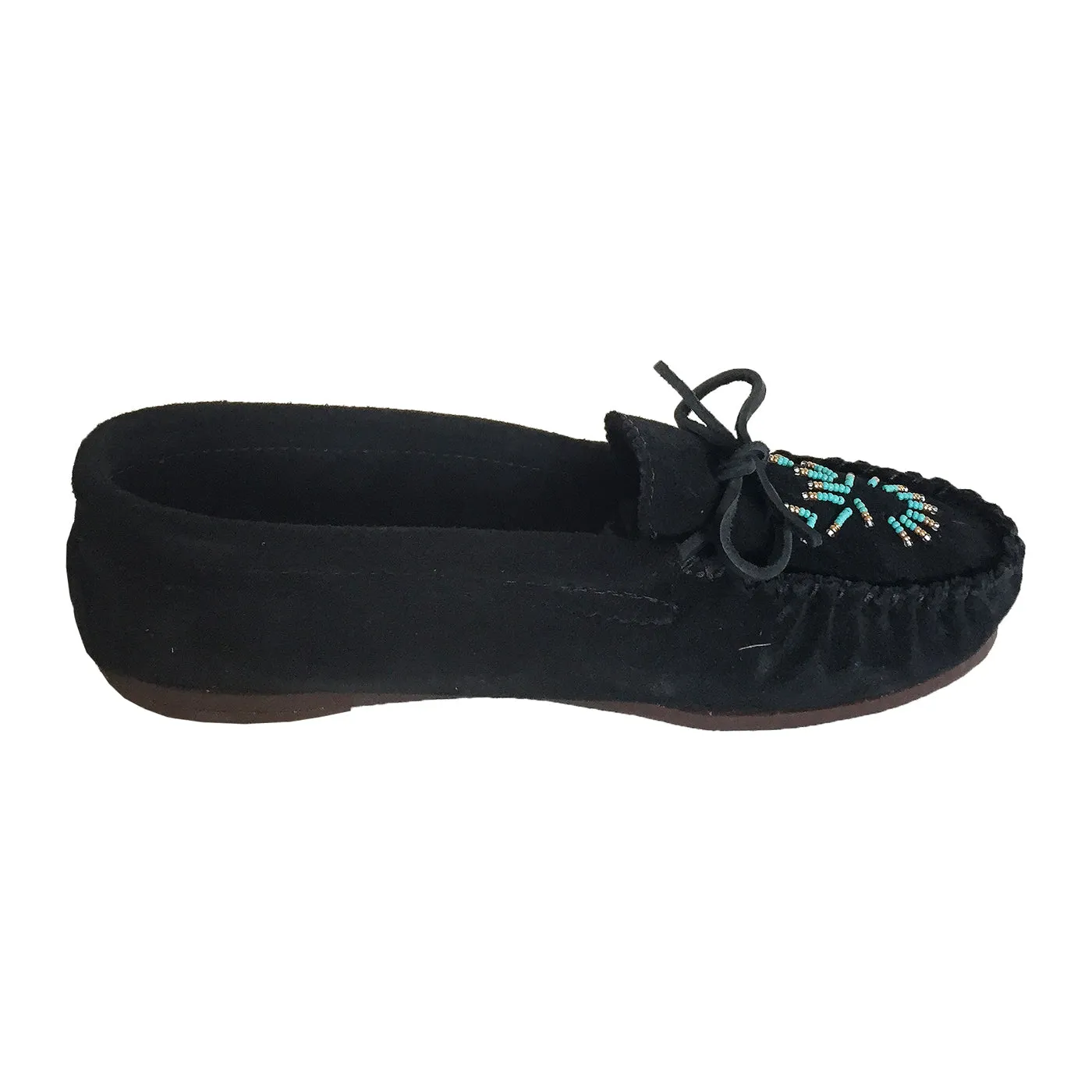 Women's Rubber Sole Black Beaded Moccasins