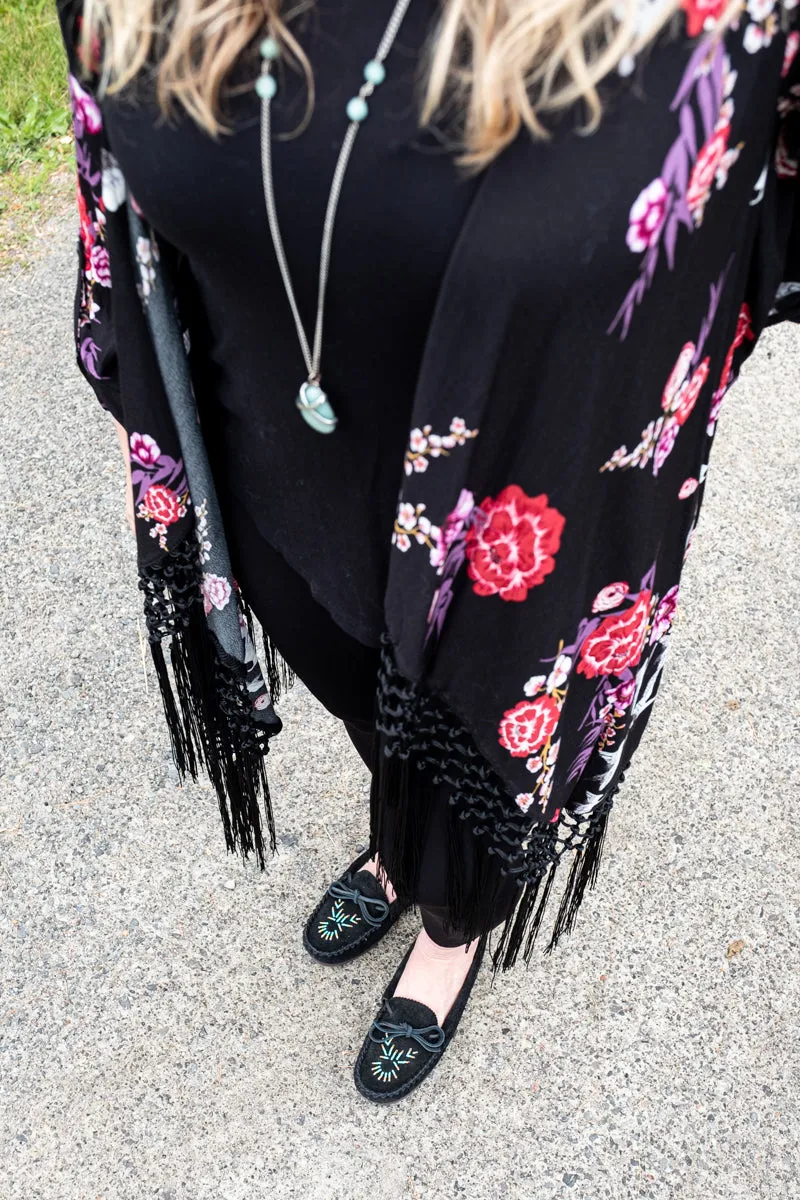 Women's Rubber Sole Black Beaded Moccasins