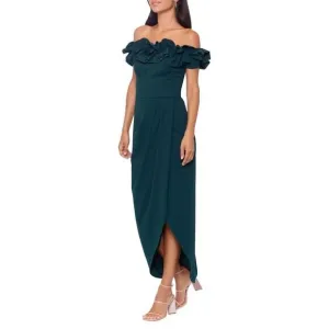 Xscape Women Dress 14 Green Ruffle Off The Shoulder Asymmetric Maxi Wedding