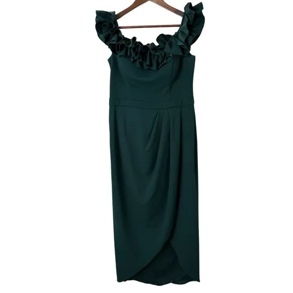 Xscape Women Dress 14 Green Ruffle Off The Shoulder Asymmetric Maxi Wedding