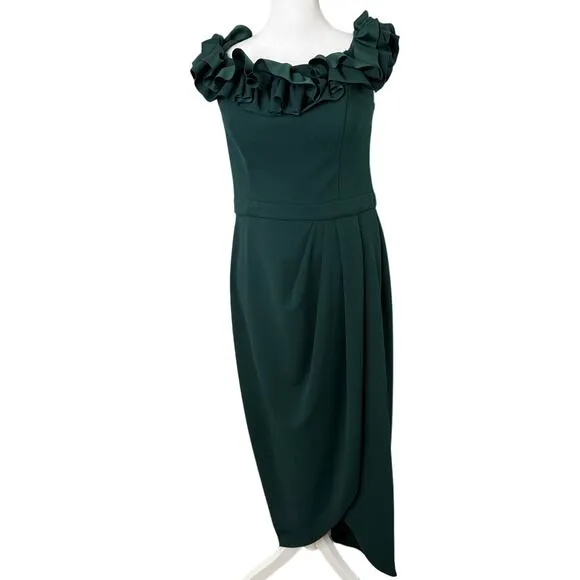 Xscape Women Dress 14 Green Ruffle Off The Shoulder Asymmetric Maxi Wedding